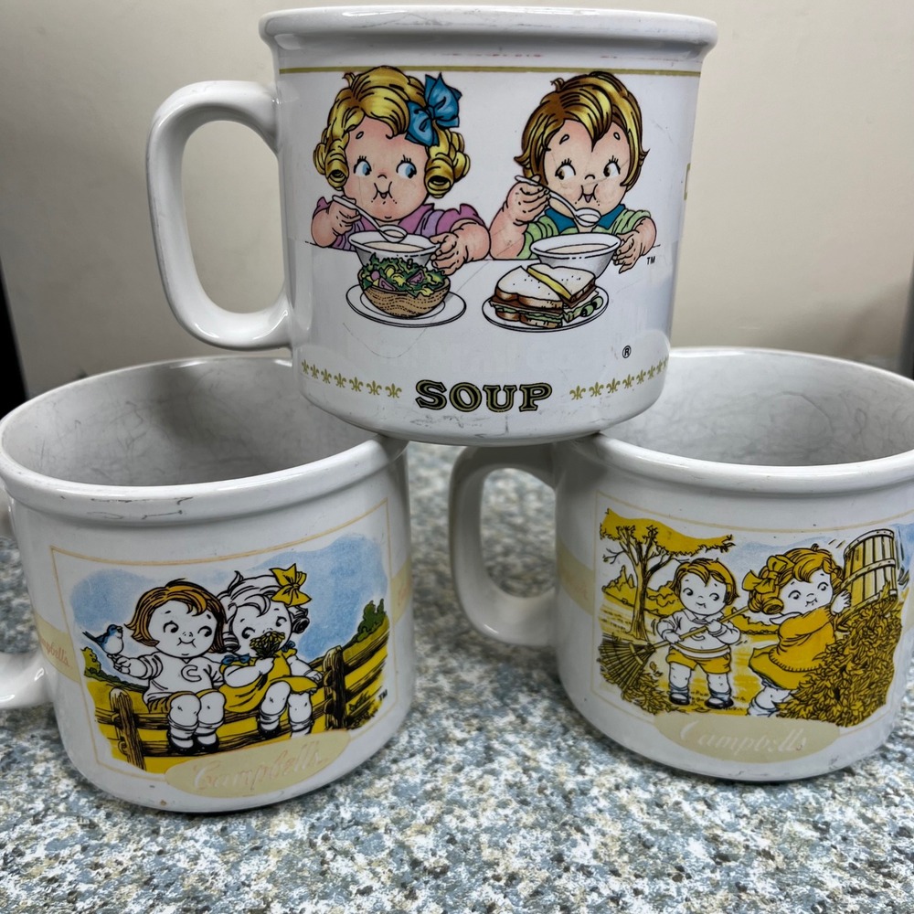 Campbell's Soup Kids Mugs Set of 3 Vintage 1998 Ceramic White Crazed Collectible
